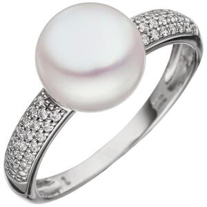 Damen Ring 333 Wei�gold 1 Perle 36 Zirkonia Perlenring (Gr��e: 58)