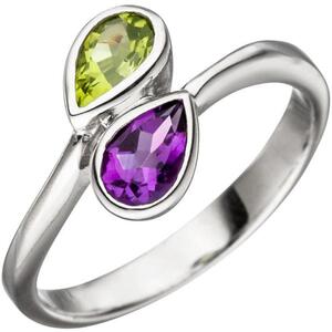 Damen Ring 925 Sterling Silber 1 Amethyst lila violett 1 Peridot gr�n (Gr��e: 56)