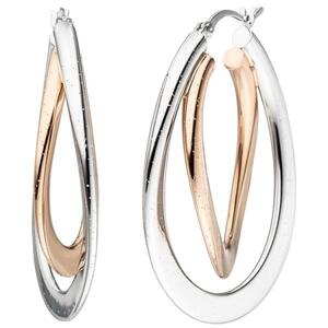 Creolen oval 925 Silber bicolor teilrotvergoldet mit Glitzereffekt