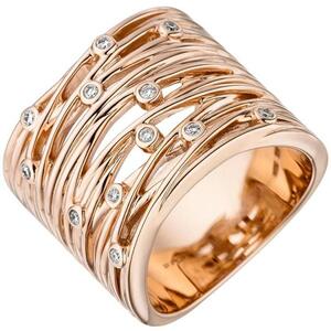 Damen Ring breit 585 Gold Rotgold 12 Diamanten 0,14ct. Größe 60