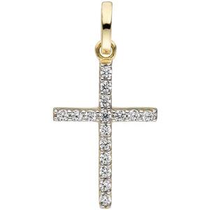 Anh�nger Kreuz schmal 375 Gold Gelbgold 16 Zirkonia Goldkreuz