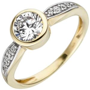 Damen Ring 375 Gold Gelbgold bicolor 9 Zirkonia, Goldring (Gr��e: 54)