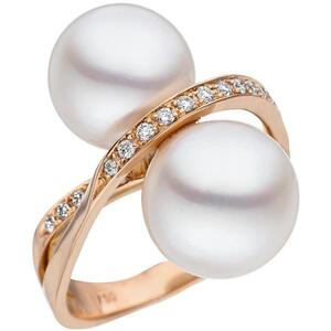 Damen Ring 750 Rotgold 24 Diamanten Brillanten 2 Sdee Perlen wei (Gre: 58)