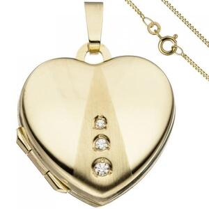 Medaillon Herz zum �ffnen f�r Fotos 333 Gold 3 Zirkonia Kette 45 cm