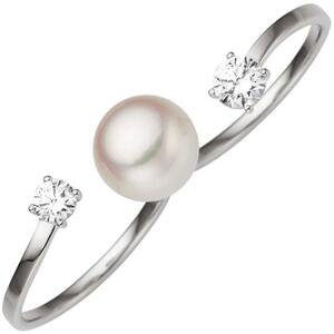 Damen Zweifinger Ring 333 Gold Wei�gold 1 Perle 2 Zirkonia (Gr��e: 54)