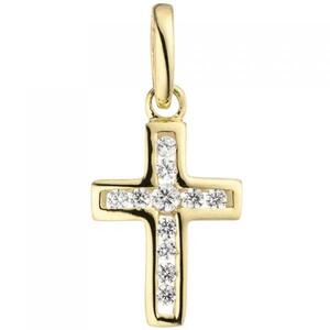 Anh�nger Kreuz 375 Gold Gelbgold 11 Zirkonia Kreuzanh�nger Goldkreuz