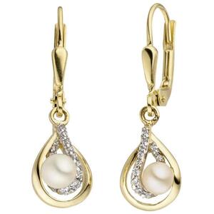 Ohrh�nger 375 Gold Gelbgold 2 S��wasser Perlen 24 Zirkonia Perlenohrringe