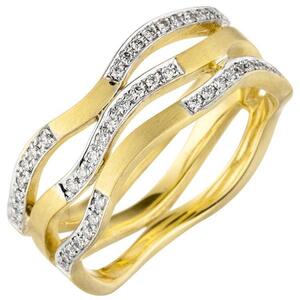Damen Ring breit 585 Gold Gelbgold matt 42 Diamanten Brillanten Größe 56