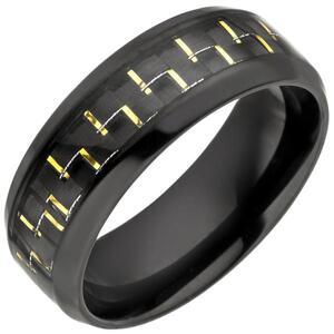 Herren Ring Edelstahl schwarz beschichtet Carbon Einlage goldfarben (Gre: 66)