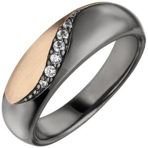 Damen Ring 925 Sterling Silber schwarz und roségold bicolor 6 Zirkonia Größe 58