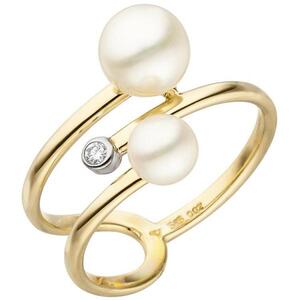 Damen Ring 585 Gelbgold 2  Perlen 1 Diamant Brillant Größe 54