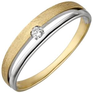 Damen Ring 585 Gelbgold Weißgold bicolor eismatt 1 Diamant Brillant Größe 56