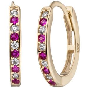 Creolen oval 333 Gold Gelbgold 20 Zirkonia rot wei� Ohrringe