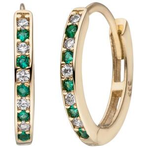 Creolen oval 333 Gold Gelbgold 10 Zirkonia gr�n wei� Ohrringe