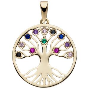Anh�nger Lebensbaum 333 Gold Gelbgold 12 Zirkonia bunt
