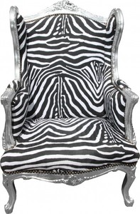 Casa Padrino Barock Lounge Thron Sessel Ohrensessel  Zebra / Silber - Limited Edition