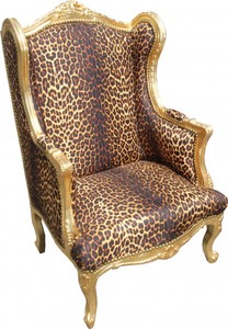 Casa Padrino Barock Lounge Thron Sessel Ohrensessel  Leopard / Gold - Luxus Barock Mbel