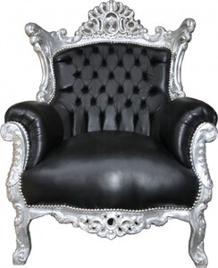 Casa Padrino Barock Sessel Al Capone Schwarz Lederoptik / Silber 90 x 80 x H. 128 cm - Wohnzimmerm�bel im Antik Stil