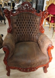 Casa Padrino Barock Sessel Al Capone Braun Lederoptik 90 x 80 x H. 128 cm - Antik Stil Sessel