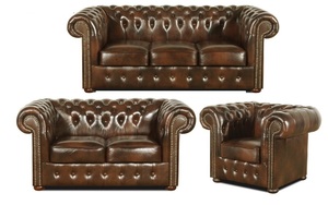 Casa Padrino Chesterfield Wohnzimmer 3er Set Dunkelbraun - Luxus Echtleder M�bel