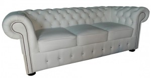Casa Padrino Chesterfield Echtleder 3er Sofa in wei� mit Glitzersteinen 200 x 90 x H. 78 cm - Luxus M�bel