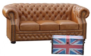 Casa Padrino Luxus Echtleder 3er Sofa Hellbraun 210 x 90 x H. 80 cm - Chesterfield Sofa