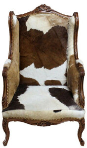 Barock Lounge Thron Sessel Kuhfell Mod3 - Ohren Sessel - Ohrensessel Tron Stuhl B