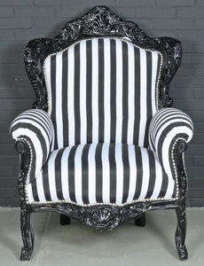Casa Padrino Barock Sessel Schwarz / Wei 85 x 85 x H. 120 cm - Barockstil Wohnzimmer Sessel mit Streifen