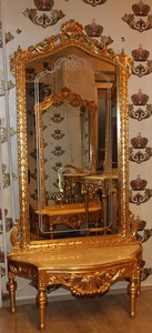 Casa Padrino Barock Spiegelkonsole - Garderobenkonsole Gold mit Marmorplatte und mit schnen Barock Verzierungen auf dem Spiegelglas Mod6 - Antik Look