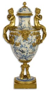 Casa Padrino Jugendstil Vase mit Deckel Wei / Blau / Gold 25,8 x 24,5 x H. 51,3 cm - Barock & Jugendstil Deko 