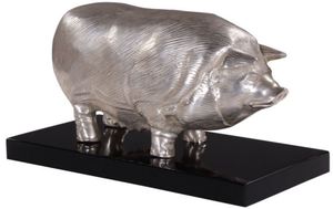 Casa Padrino Luxus Bronzefigur Schwein auf Holzsockel Silber / Schwarz 35 x 17 x H. 19 cm - Versilberte Deko Figur 