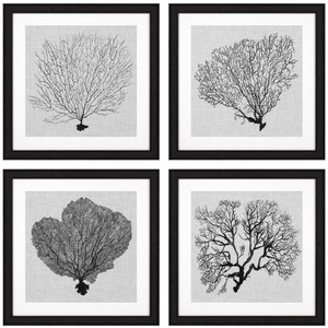 Casa Padrino Bilder 4er Set Seefarn Schwarz / Wei� / Grau 61,5 x H. 61,5 - Luxus Kunstdrucke mit Holzrahmen