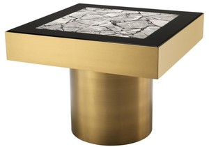 Casa Padrino Luxus Edelstahl Beistelltisch mit Kunstmarmorplatte Messingfarben / Hochglanzschwarz / Grau 65 x 65 x H. 50 cm - Designer Wohnzimmerm�bel