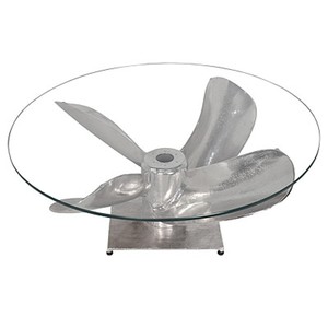 Casa Padrino Art Deco Designer Flieger Couchtisch Propeller Aluminium mit Glasplatte 89 x 65 x H 33 cm- Vintage Look