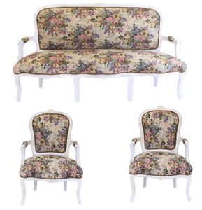 Casa Padrino Barock Sitzbank Set Blumen Muster / Antik Stil Wei - 1 Sofa + 2 Sessel