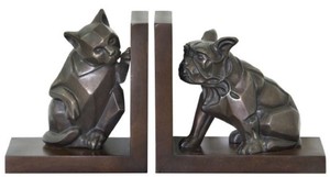 Casa Padrino Luxus Buchsttzen Set Katze & Hund Bronze / Braun 18 x 18 x H. 10 cm - Deko Bronzefiguren mit Holzsockel