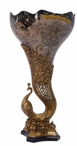 Casa Padrino Jugendstil Vase Pfau Messing / Porzellan 37.5 x H 72 cm - Barock Rokoko Home Deko