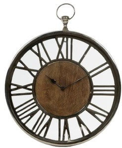 Casa Padrino Luxus Wanduhr im Design einer antiken Taschenuhr Silber / Naturfarben  45 cm - Dekorative runde Uhr mit einem Ziffernblatt aus unbehandeltem Holz