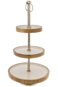 Casa Padrino Luxus Etagere Silber / Wei� / Naturfarben  30 x H. 57 cm - Dekorative kleine runde 3-Stufige Servierschale mit Tragegriff