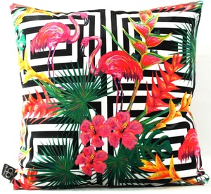 Casa Padrino Luxus Kissen Miami Flamingos & Flowers Mehrfarbig 45 x 45 cm - Feinster Samtstoff - Deko Wohnzimmer Kissen
