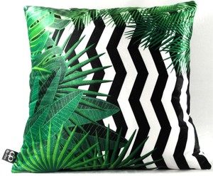 Casa Padrino Luxus Kissen Orlando Palm Leaves Schwarz / Wei� / Gr�n 45 x 45 cm - Feinster Samtstoff - Deko Wohnzimmer Kissen