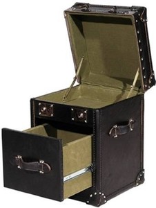 Casa Padrino Luxus Rindsleder Beistelltisch mit Deckel und Schublade Schwarz 47 x 45 x H. 57 cm - Handgefertigter Lampentisch im Kofferlook 