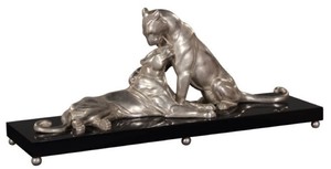 Casa Padrino Luxus Deko Bronzefiguren mit Holzsockel 2 Tiger Silber / Schwarz 83 x 23 x H. 34 cm - Luxus Qualit�t