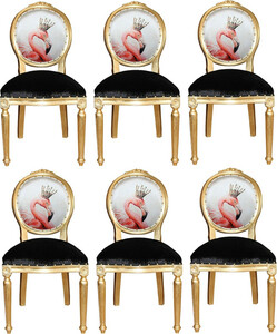Casa Padrino Luxus Barock Esszimmer Set Flamingo mit Krone Gold / Schwarz / Mehrfarbig 48 x 50 x H. 98 cm - 6 handgefertigte Esszimmerst�hle mit Bling Bling Glitzersteinen - Barock Esszimmerm�bel