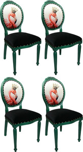 Casa Padrino Luxus Barock Esszimmer Set Flamingo mit Krone Grn / Schwarz / Mehrfarbig 48 x 50 x H. 98 cm - 4 handgefertigte Esszimmersthle mit Bling Bling Glitzersteinen - Barock Esszimmermbel
