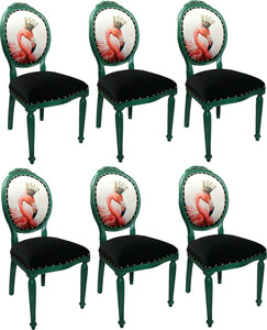 Casa Padrino Luxus Barock Esszimmer Set Flamingo mit Krone Grn / Schwarz / Mehrfarbig 48 x 50 x H. 98 cm - 6 handgefertigte Esszimmersthle mit Bling Bling Glitzersteinen - Barock Esszimmermbel