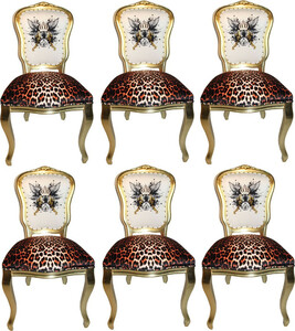 Pomps by Casa Padrino Luxus Barock Esszimmersthle Glitzerkrone & Engelsflgel Leopard / Wei / Gold 50 x 60 x H.104 cm - Pompse Barock Sthle designed by Harald Glckler - 6 Esszimmersthle