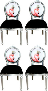 Casa Padrino Luxus Barock Esszimmer Set Flamingo mit Krone Schwarz / Mehrfarbig / Silber 48 x 50 x H. 98 cm - 4 handgefertigte Esszimmerst�hle mit Bling Bling Glitzersteinen - Barock Esszimmerm�bel