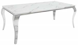 Casa Padrino Designer Esstisch Wei� / Grau / Silber 180 x 95 x H. 75 cm - Rechteckiger Edelstahl K�chentisch mit digitalbedrucktem Sicherheitsglas in Marmoroptik - Moderne Barock M�bel
