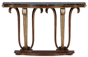 Casa Padrino Luxus Barock Konsole Braun / Gold / Schwarz 145 x 42 x H. 90 cm - Mahagoni Konsolentisch mit dekorativen handgeschnitzten Federn und Marmorplatte - Edle M�bel im Barockstil